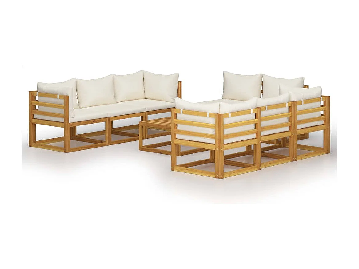 Muebles de jardín Muebles de exterior Juego de muebles de 9 piezas con cojín color crema de madera maciza de acacia 02_0017889