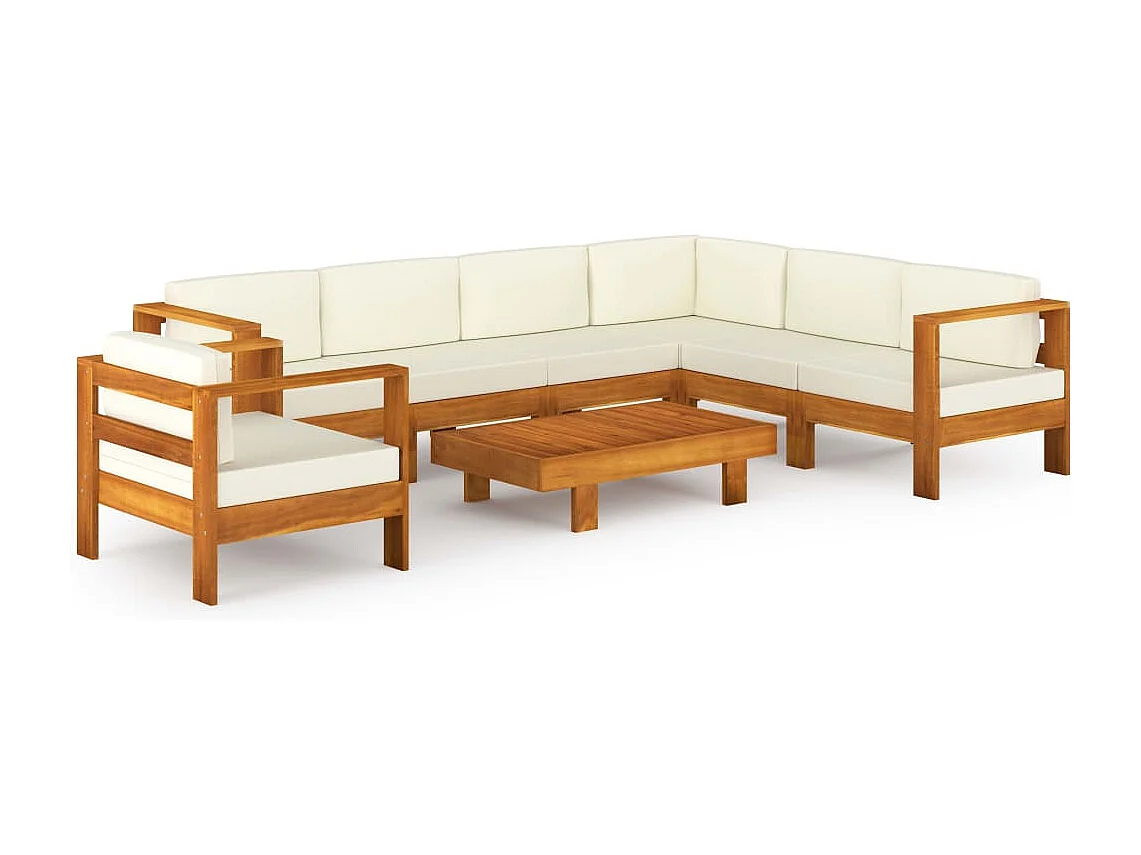 Móveis de jardim móveis de exterior Conjunto de móveis de 8 peças com almofadas branco creme madeira de acácia 02_0017484