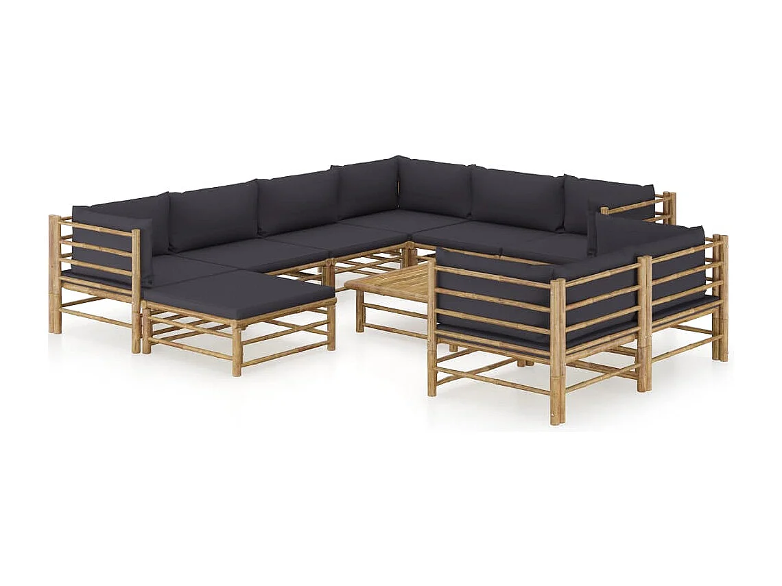 Móveis de jardim móveis de exterior Conjunto de móveis de 10 peças com almofadas de bambu cinza escuro 02_0015044