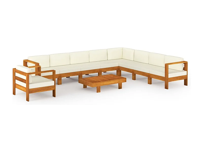 Móveis de jardim móveis de exterior Conjunto de móveis de 10 peças com almofadas branco creme madeira de acácia 02_0014980