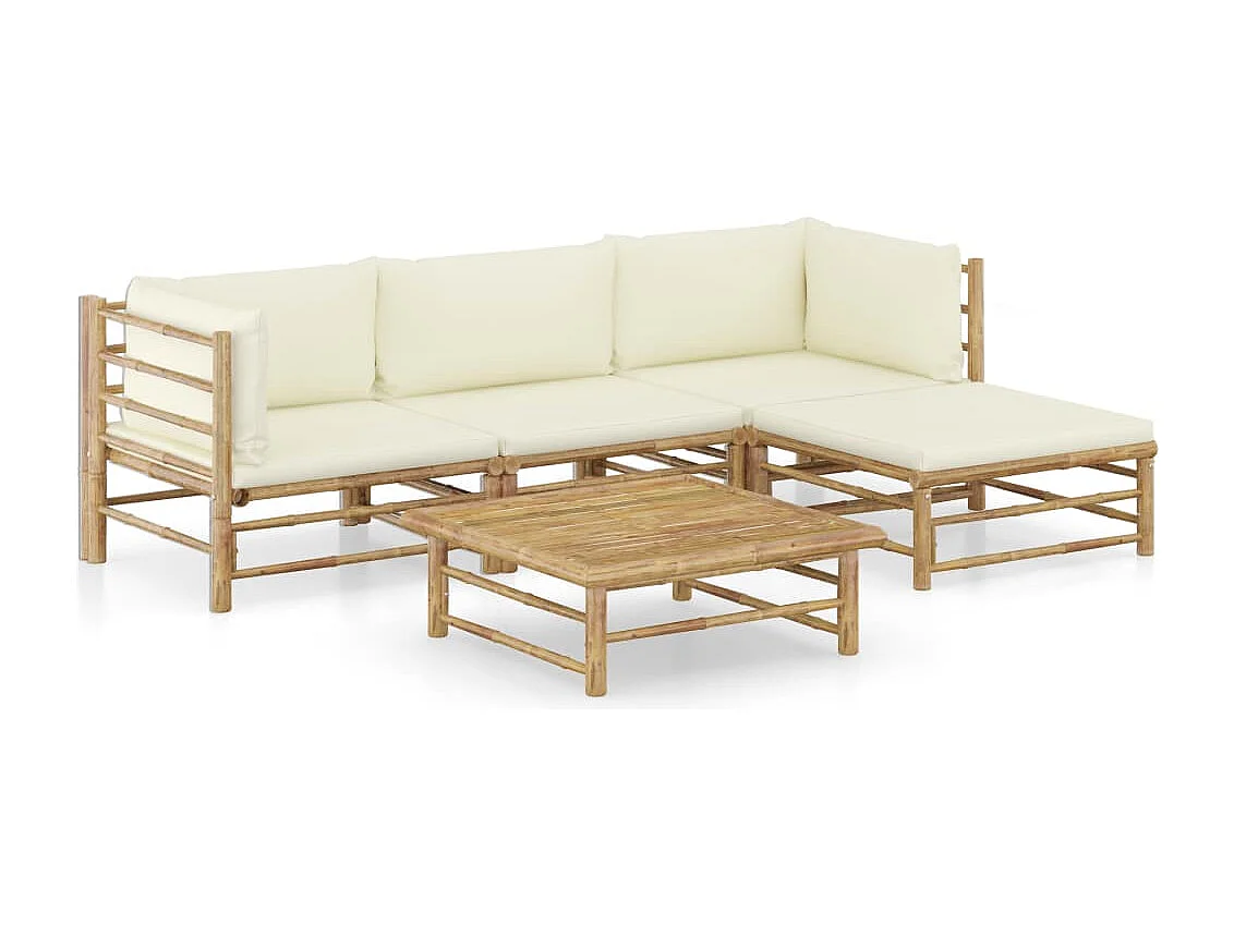 Muebles de jardín muebles de exterior juego de muebles de 5 piezas con cojines de bambú blanco crema 02_0016305