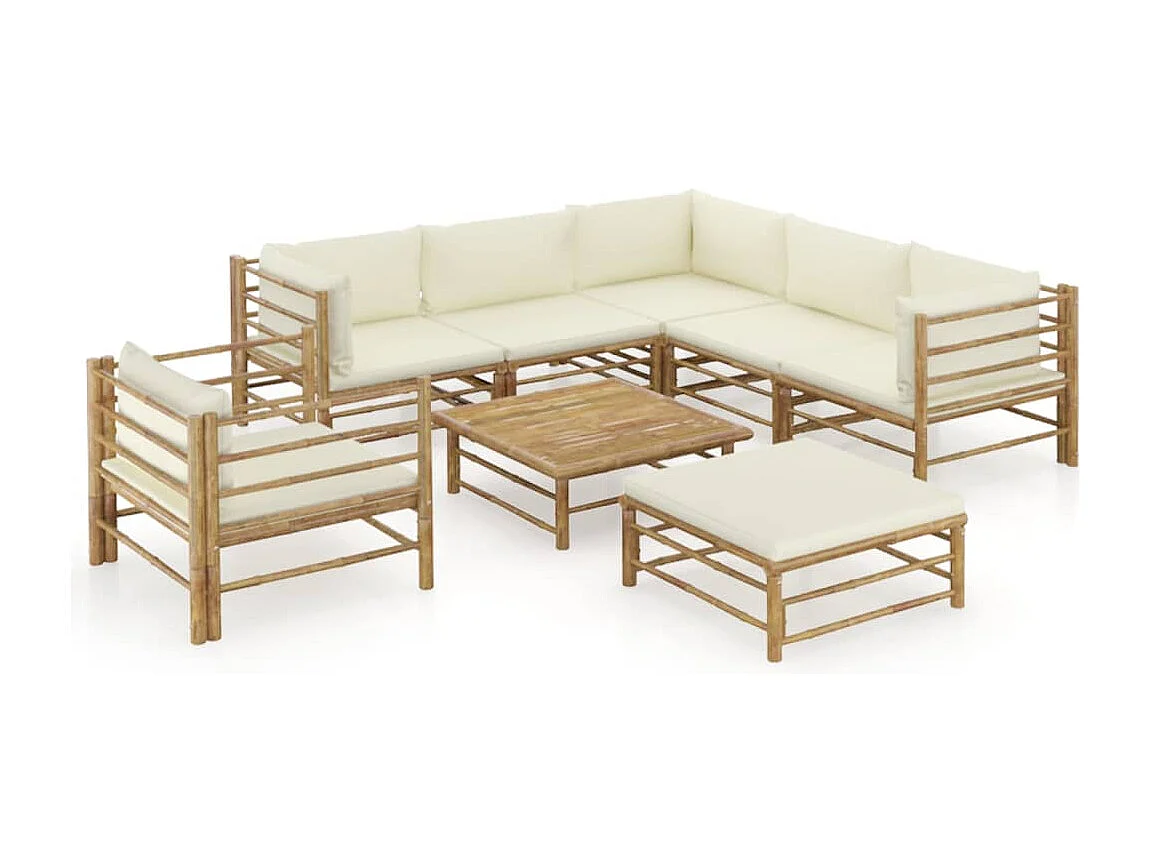 Muebles de jardín muebles de exterior juego de muebles de 8 piezas con cojines de bambú blanco crema 02_0017482