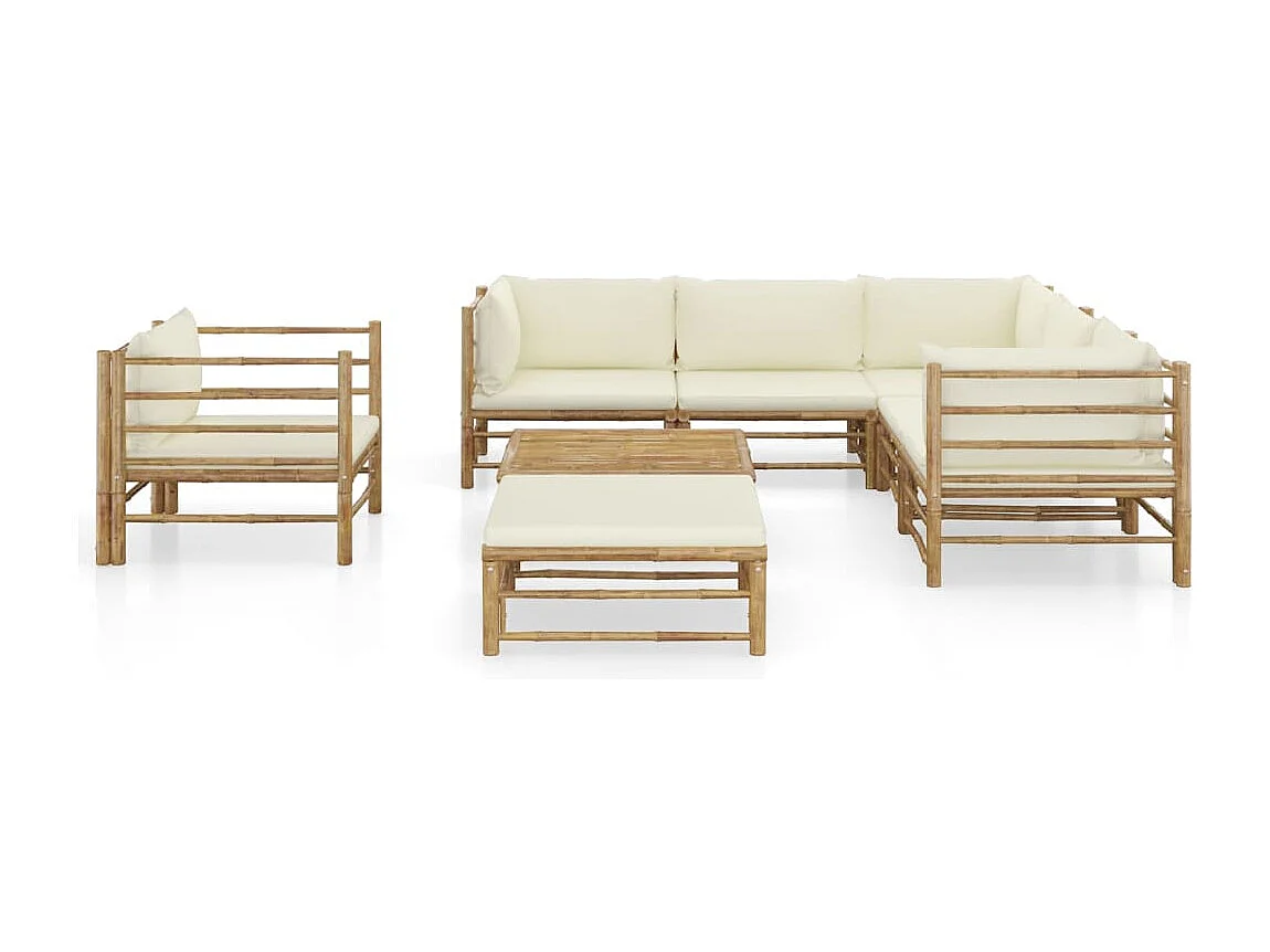 Muebles de jardín muebles de exterior juego de muebles de 8 piezas con cojines de bambú blanco crema 02_0017482
