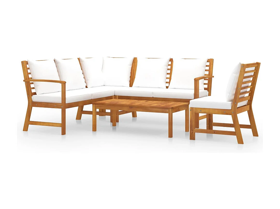 Muebles de jardín Muebles de exterior Juego de muebles de 5 piezas con cojín color crema de madera maciza de acacia 02_0016294