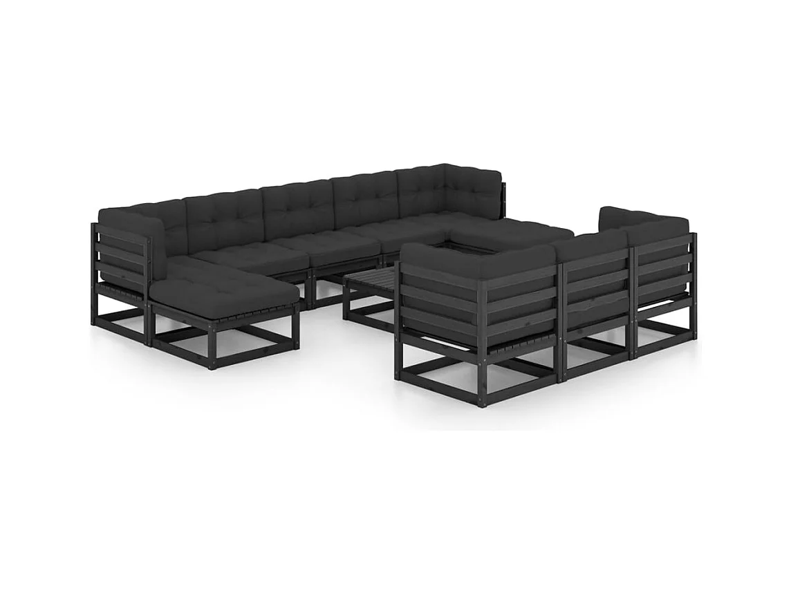 Muebles de jardín muebles de exterior juego de muebles de 11 piezas con cojines negros madera maciza de pino 02_0015389