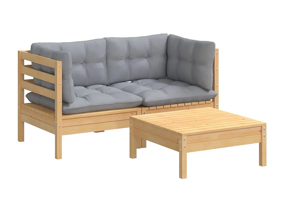 Móveis de jardim móveis de exterior Conjunto de móveis de 3 peças com almofadas cinza madeira de pinho 02_0015963