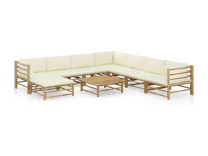 Muebles de jardín muebles de exterior juego de muebles de 9 piezas con cojines de bambú blanco crema 02_0017903