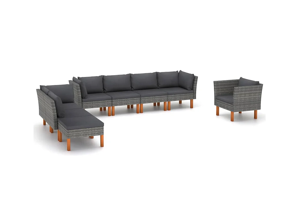 Mobili da giardino arredo esterno set mobili 8 pezzi resina intrecciata e legno di eucalipto grigio 02_0017882