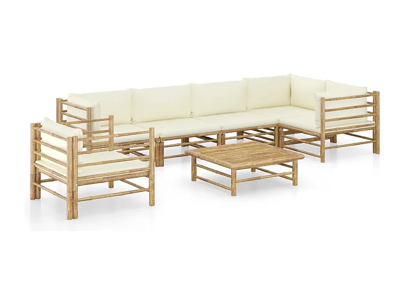 Muebles de jardín muebles de exterior juego de muebles de 7 piezas con cojines de bambú blanco crema 02_0017081