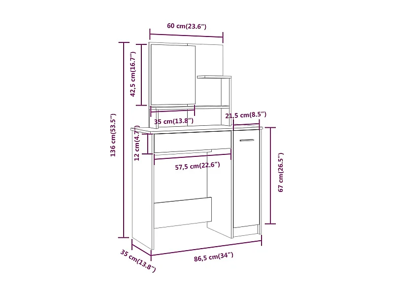 Conjunto de penteadeira mesa de maquiagem carvalho 86,5 x 35 x 136 cm marrom 02_0006279