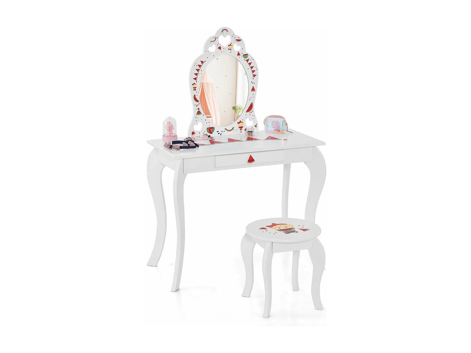 Tocador infantil 2 en 1 con taburete y mesa de maquillaje con espejo extraíble cajón y dispositivo antivuelco blanco el 20_0004705