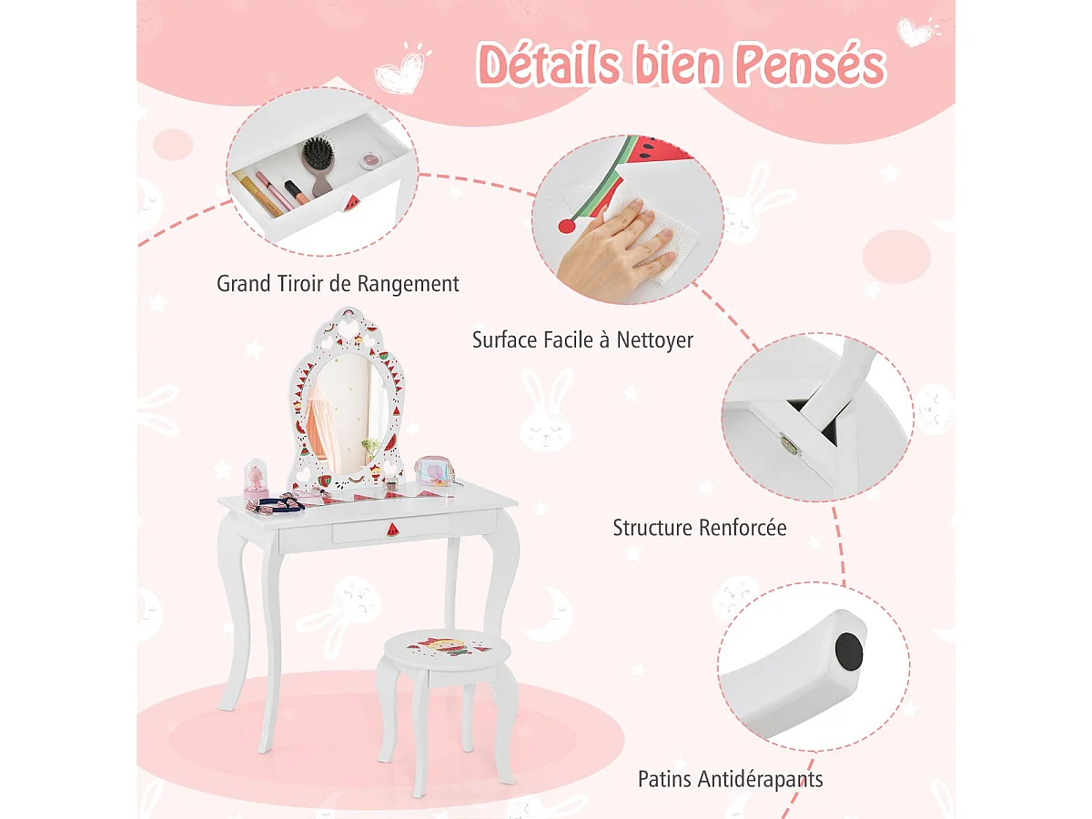 Tocador infantil 2 en 1 con taburete y mesa de maquillaje con espejo extraíble cajón y dispositivo antivuelco blanco el 20_0004705