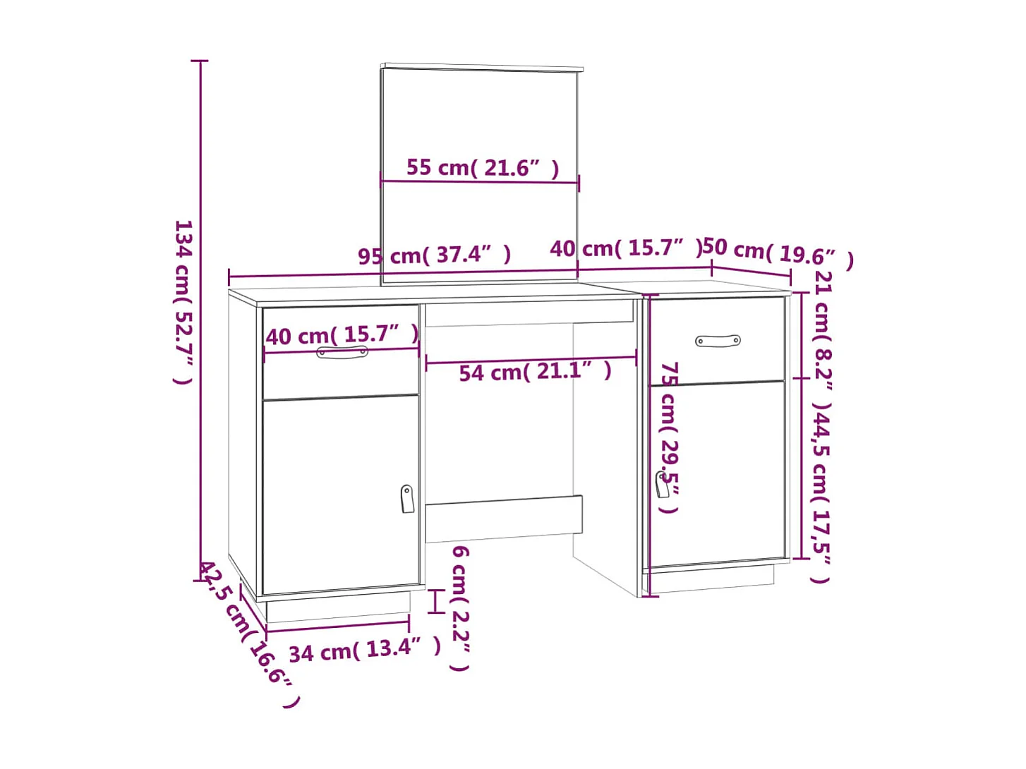 Conjunto de penteadeira com espelho 95 x 50 x 134 cm madeira maciça de pinho branco 02_0006216