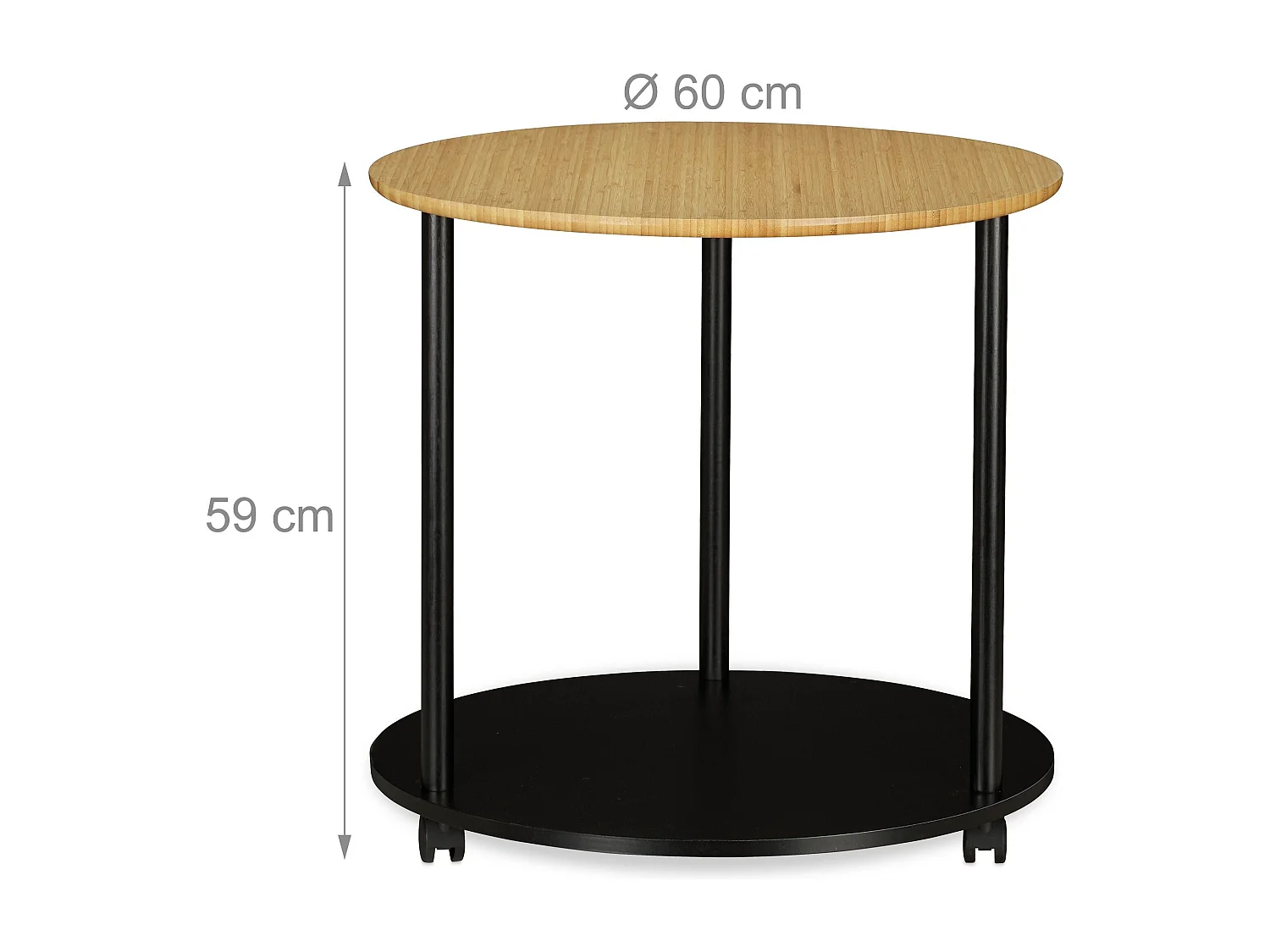Mesa lateral redonda com rodízios de diâmetro 60 cm madeira e preto 13_0002658