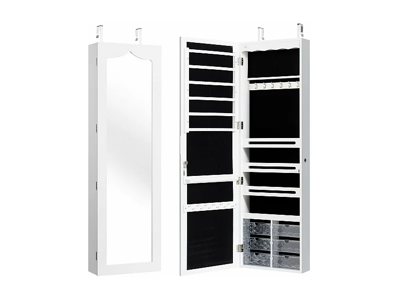 Armário de joias LED de parede com espelho 6 gavetas gancho ajustável altura 120x365x115cm branco 20_0005407