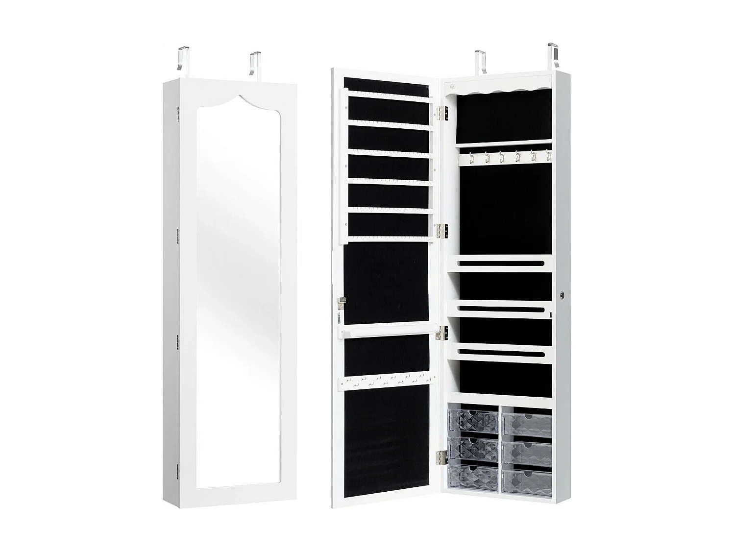 Armario joyero de pared LED con espejo 6 cajones regulable en altura con gancho 120x365x115cm blanco 20_0005407