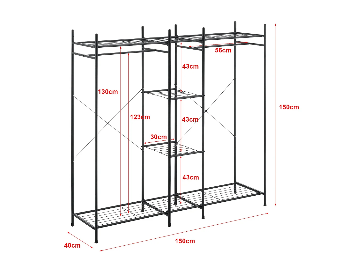Armário com prateleiras unidade de arrumação 4 superfícies de arrumação 2 varões de aço lacado 150 x 150 x 40 cm preto 03_0008152