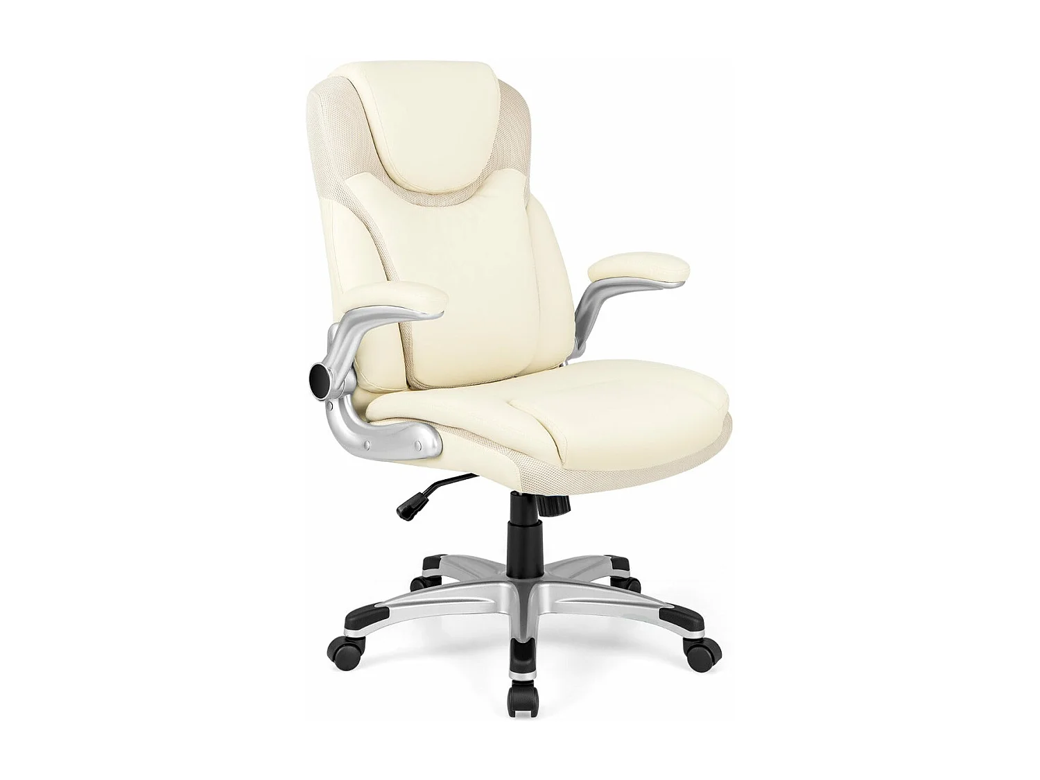 Cadeira de escritório executiva de couro PU cadeira de trabalho ergonômica de altura ajustável com apoios de braços dobráveis ​​giratória 360 ° branca 20_0004837