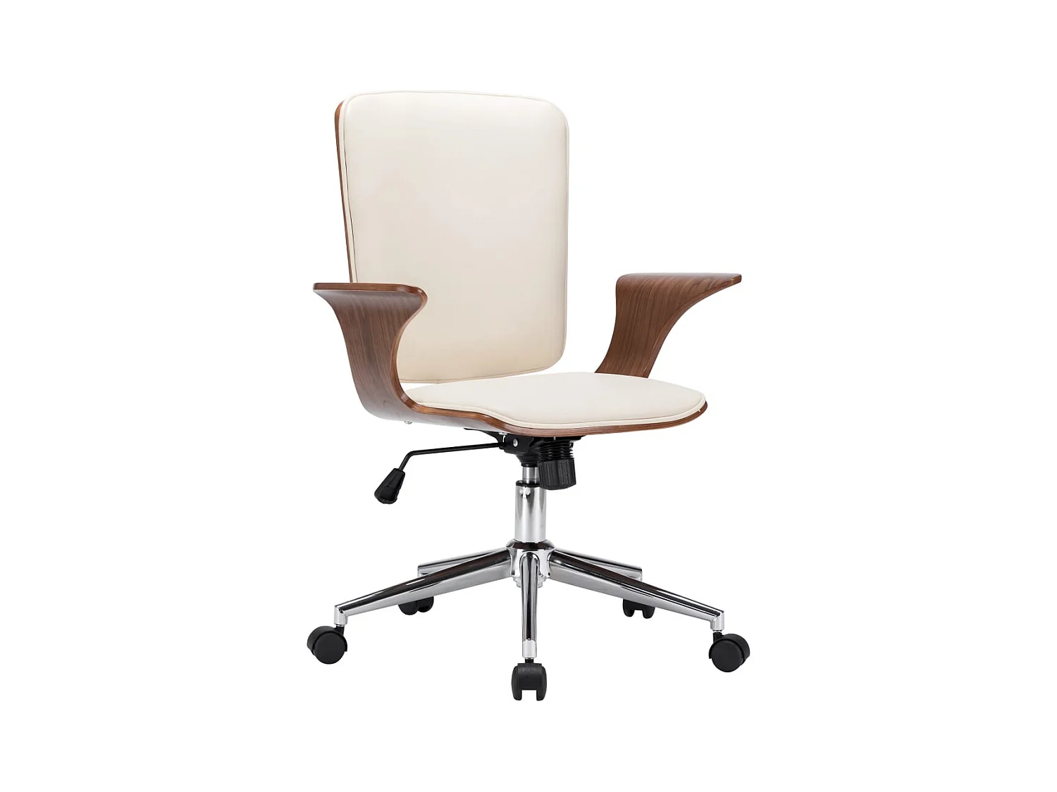 Sedia poltrona sedile girevole per computer ufficio studio ecopelle e legno curvato panna 02_0024097