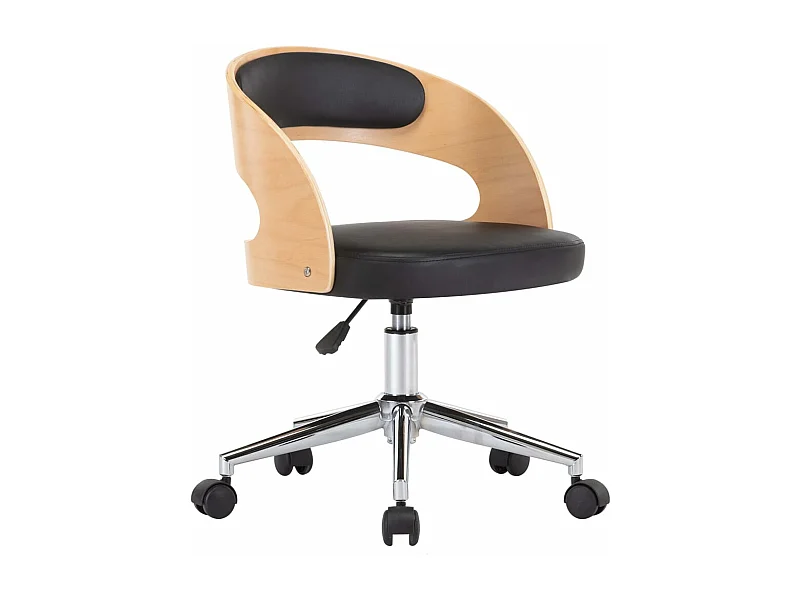 Silla sillón giratorio asiento para ordenador oficina estudio madera curvada y polipiel negra 02_0024154