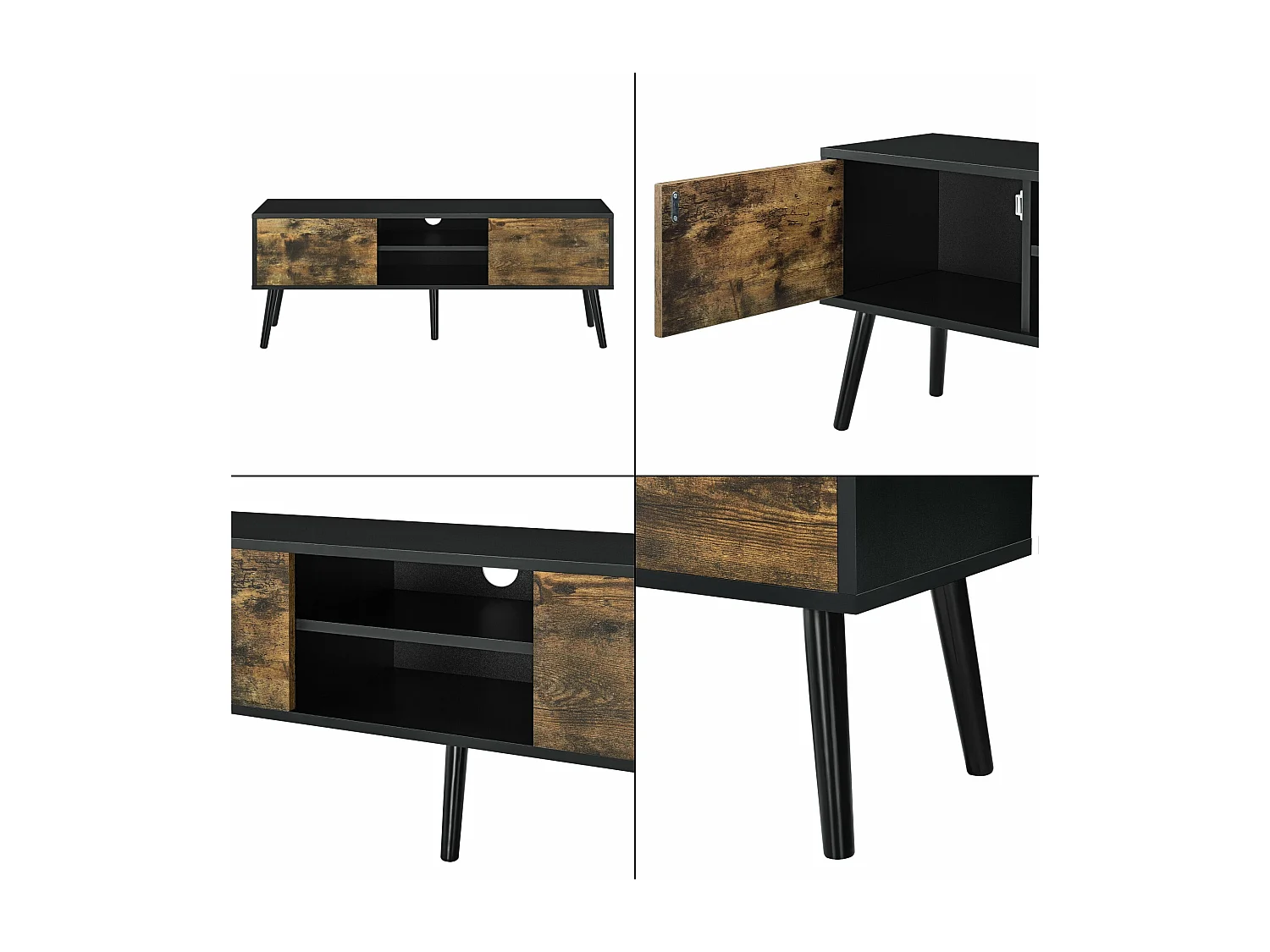 Móvel de TV Móvel de TV 120 cm pernas de madeira revestimento em PVC preto madeira escura 03_0005865