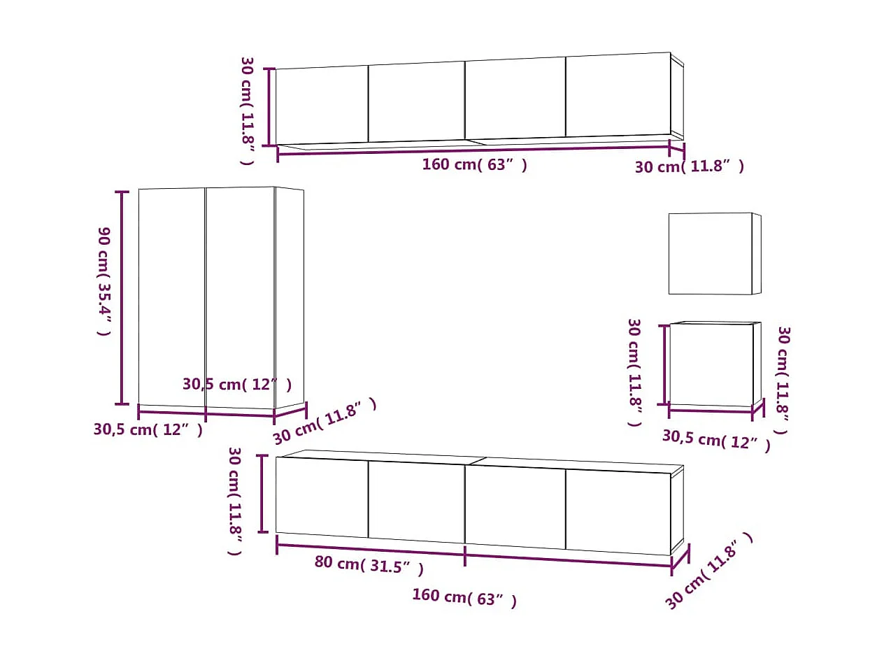 Set di mobili mobile credenza TV televisione soggiorno camera da letto soggiorno 8 pezzi pannelli in MDF bianco 02_0025229