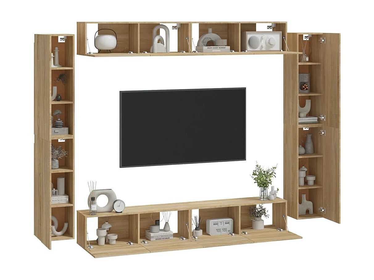 Conjunto de muebles mueble buffet TV televisión salón dormitorio salón 8 piezas roble sonoma madera contrachapada marrón 02_0025309