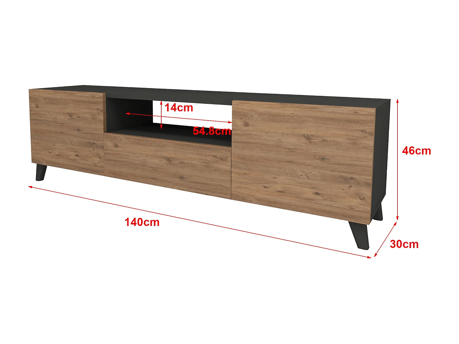Mueble TV con puertas con espacio de almacenamiento 46 x 140 x 30 cm antracita / efecto roble 03_0007870