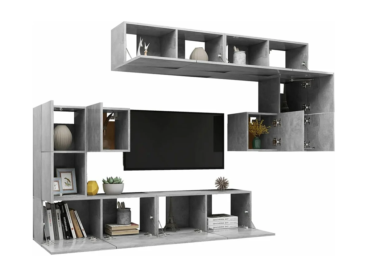 Conjunto de móveis armário aparador tv televisão sala quarto sala 8 peças madeira projetada cinza 02_0025246