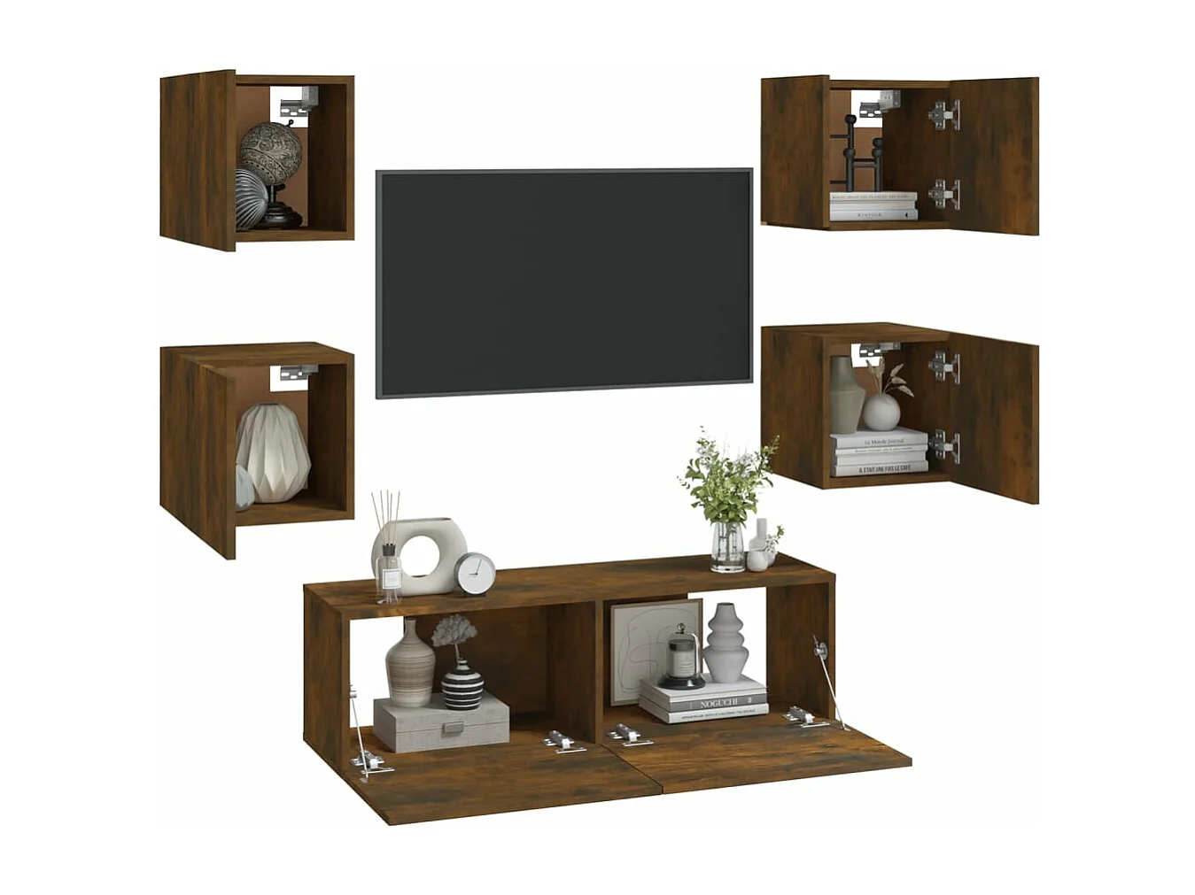 Conjunto de muebles mueble aparador TV televisión salón dormitorio montado en la pared x roble ahumado madera contrachapada marrón 02_0025380