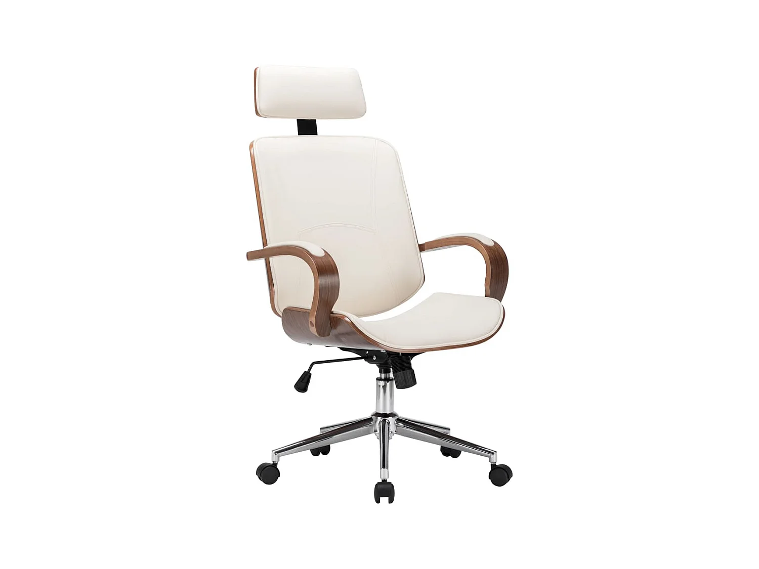 Sillón silla ordenador oficina asiento estudio con reposacabezas polipiel y madera color crema 02_0023984