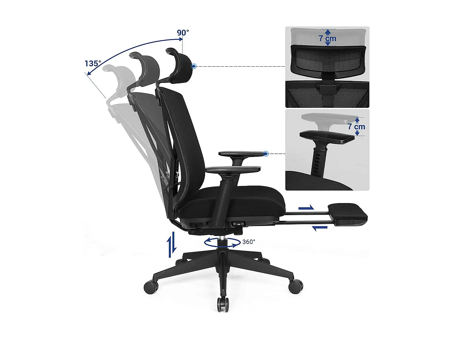 Cadeira de escritório com apoio para os pés Mecanismo de inclinação ergonômico da cadeira de escritório em malha (90-135°) máx. carregar 150 kg preto 12_0000410
