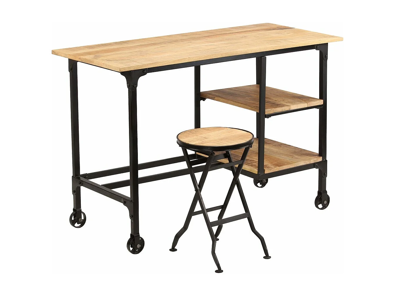 Scrivania tavolo postazione di lavoro mobile per computer studio con sgabello pieghevole in legno massello di mango 115 x 50 x 76 cm marrone 02_0023442