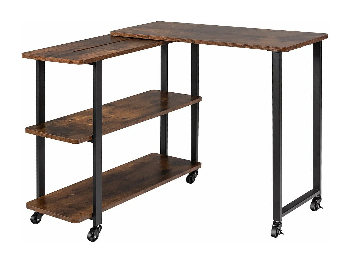 Escritorio esquinero para computadora con ruedas Escritorio en forma de L con 3 estantes Marco de metal Café 20_0004828