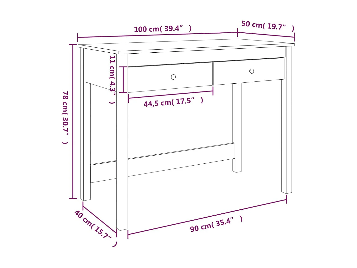 Mesa escritorio puesto de trabajo mueble ordenador estudio con cajones 100 x 50 x 78 cm madera maciza de pino marrón 02_0023459