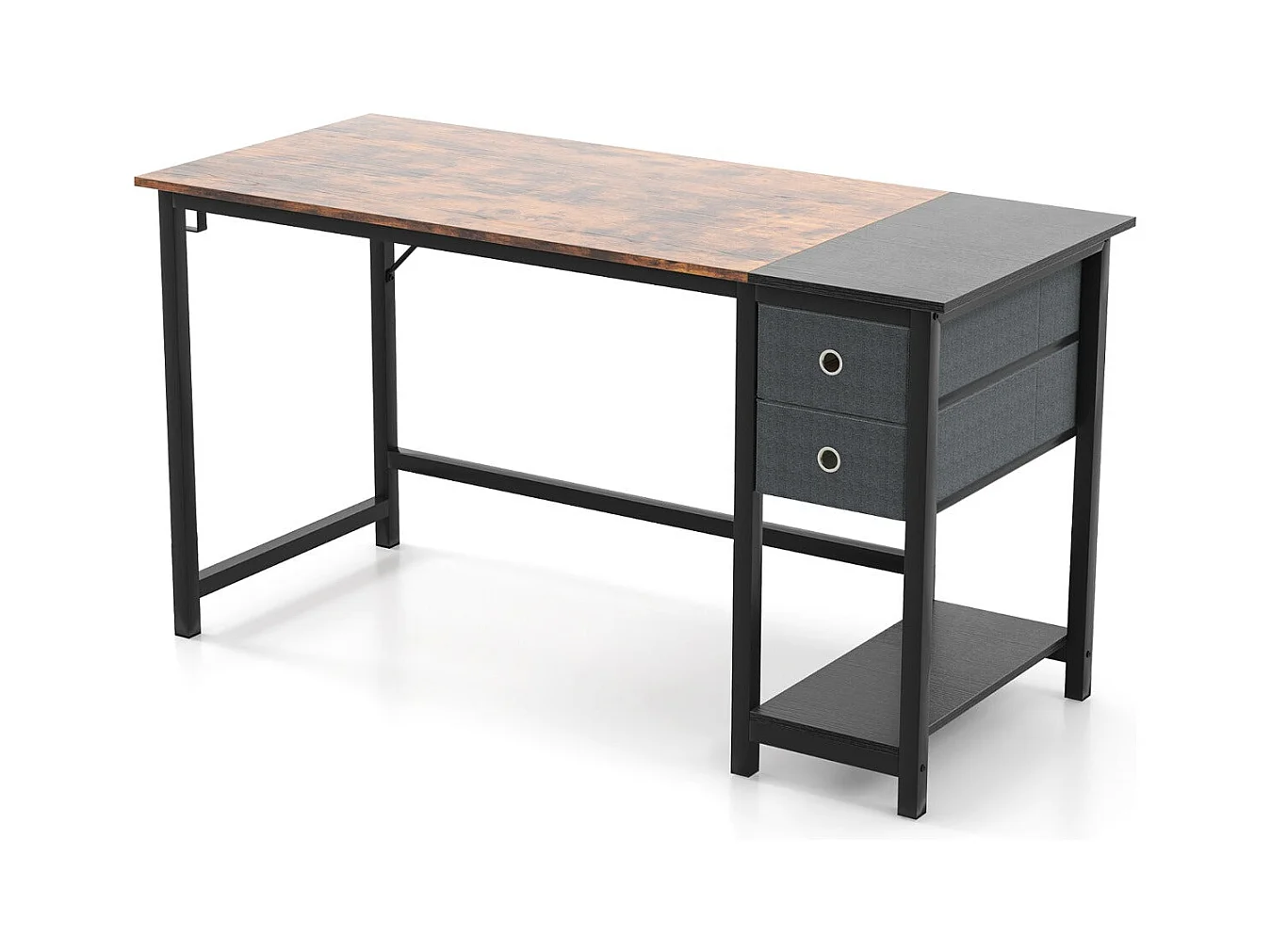 Scrivania moderna da 140 cm, postazione di lavoro per computer con 2 cassetti, ripiano con gancio per appendere, 140 x 60 x 75 cm, marrone rustico e nero 20_0007993