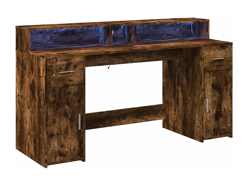 Scrivania tavolo postazione di lavoro mobile per computer studio e luci a LED rovere affumicato 160 x 55 x 91 cm pannelli compositi marrone 02_0023786