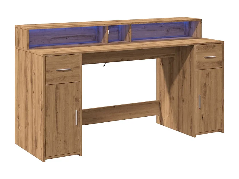 Mesa Mesa Estação de trabalho Móveis de computador Estudo de TI com luzes LED Artesanal Carvalho Madeira projetada marrom 02_0023418