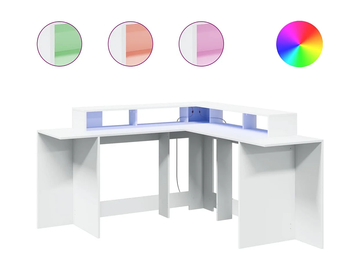Scrivania Tavolo Postazione di lavoro Mobili per computer Studio per computer con luci a LED 152 x 152 x 91 cm Legno composito Bianco 02_0023407