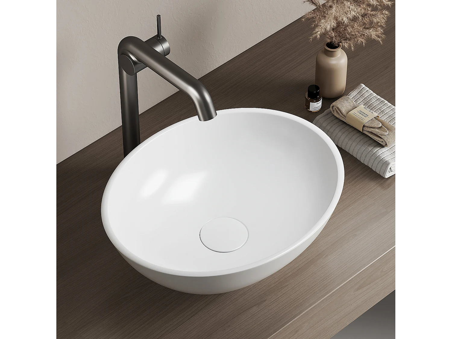 EMKE Lavabo a appoggio in ceramica 41,5×33,5×13 cm, lavabo da bagno ovale, Lavabo design bianco lucido
