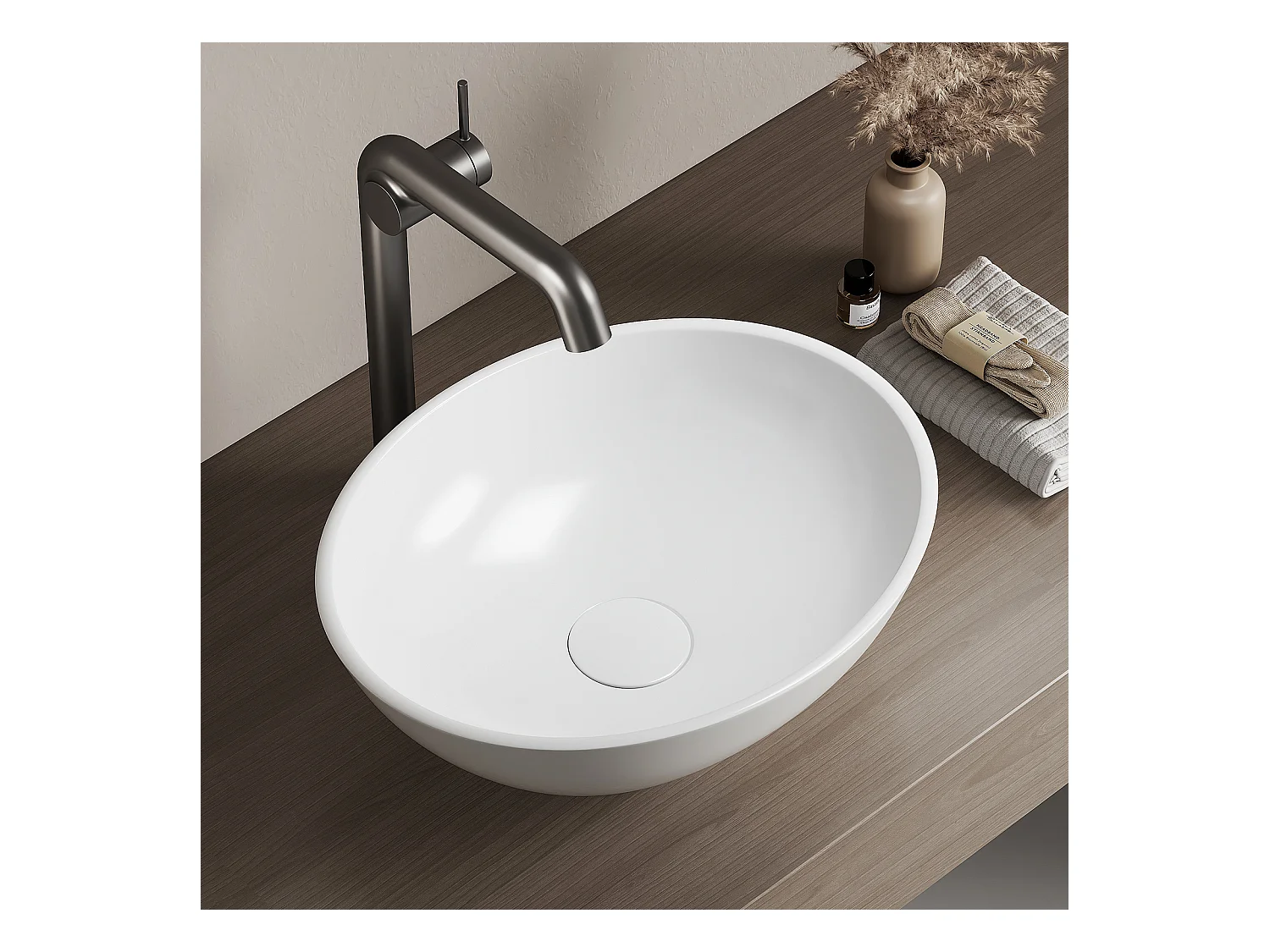 EMKE Vasque à Poser en céramique 41,5×33,5×13cm, Lavabo salle de bain Ovale, Lavabo à poser blanc brillant