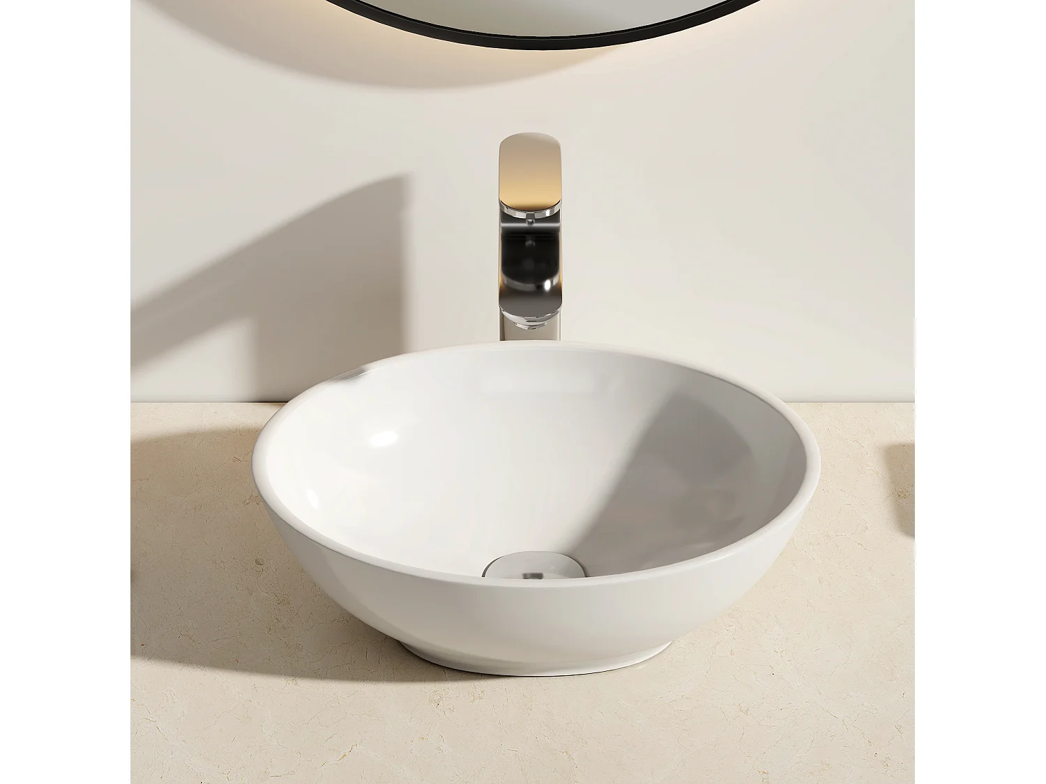 EMKE Vasque à Poser en céramique 41,5×33,5×13cm, Lavabo salle de bain Ovale, Lavabo à poser blanc brillant