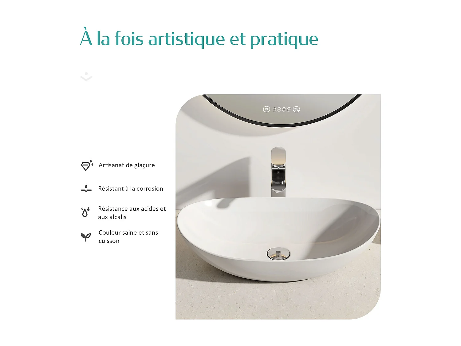 EMKE Vasque à Poser en céramique 41,5×33,5×13cm, Lavabo salle de bain Ovale, Lavabo à poser blanc brillant