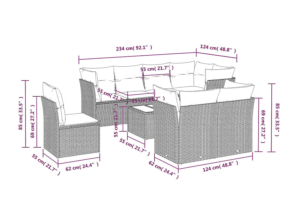 Salon de jardin avec coussins 9 pcs marron résine tressée