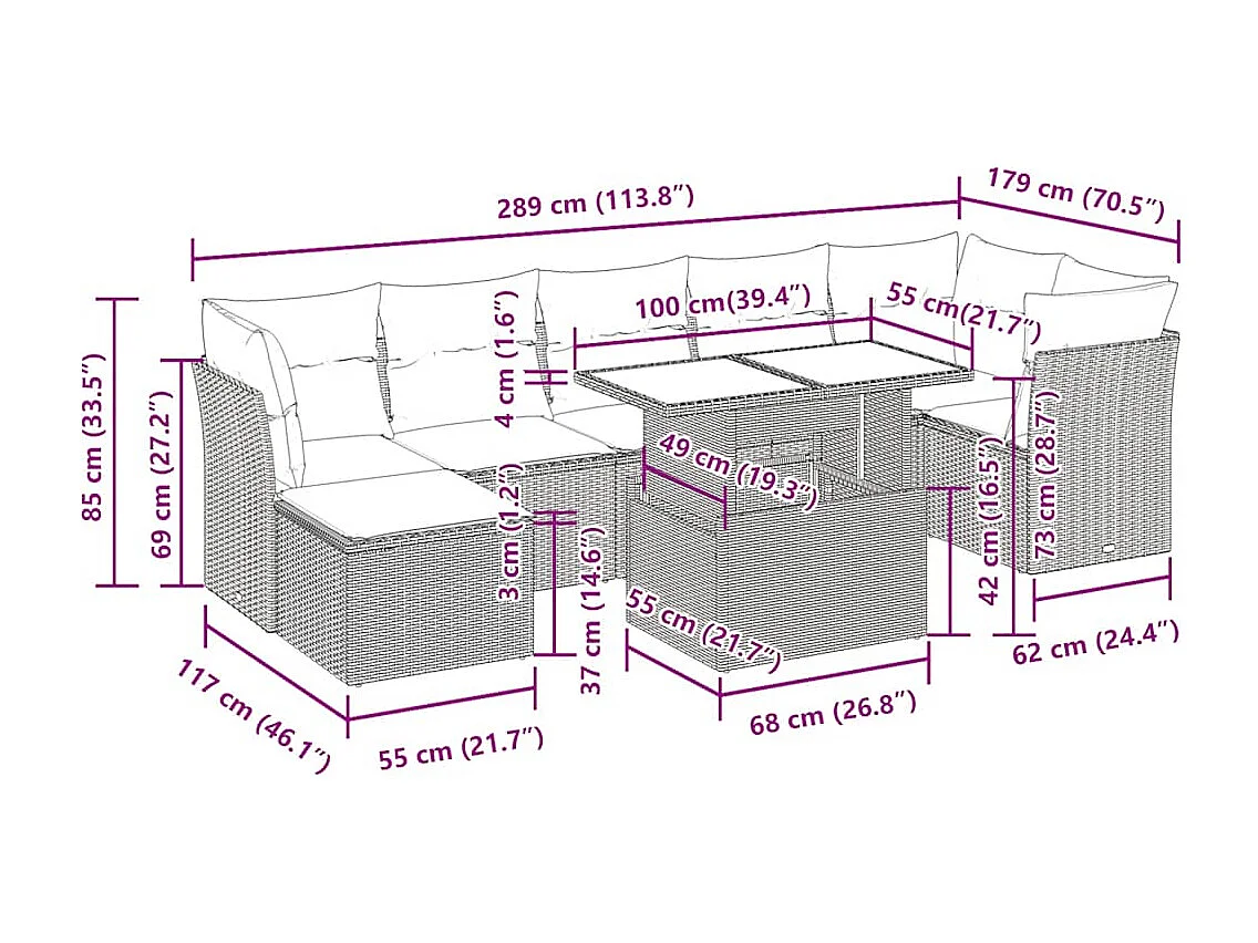 8-delige Loungeset met kussens poly rattan lichtgrijs