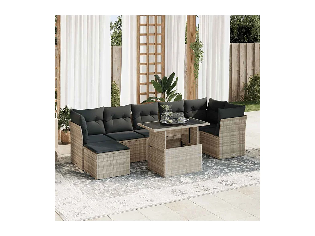 Salon de jardin 8 pcs avec coussins gris clair résine tressée