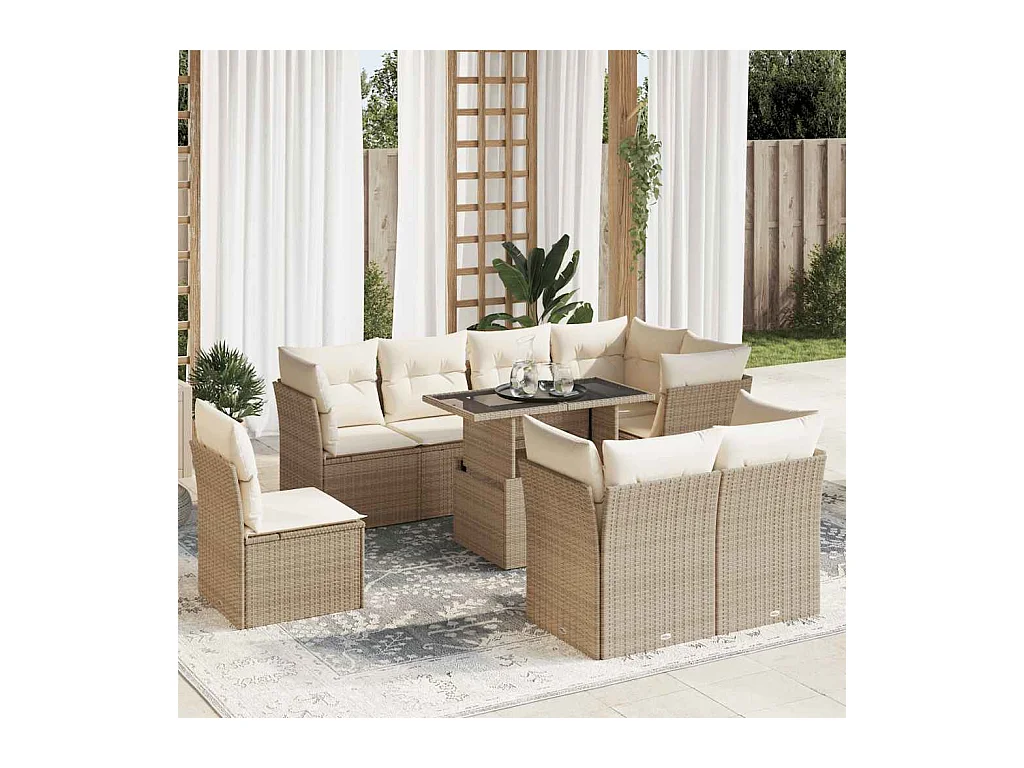 9-tlg. Garten-Sofagarnitur mit Kissen Beige Poly Rattan