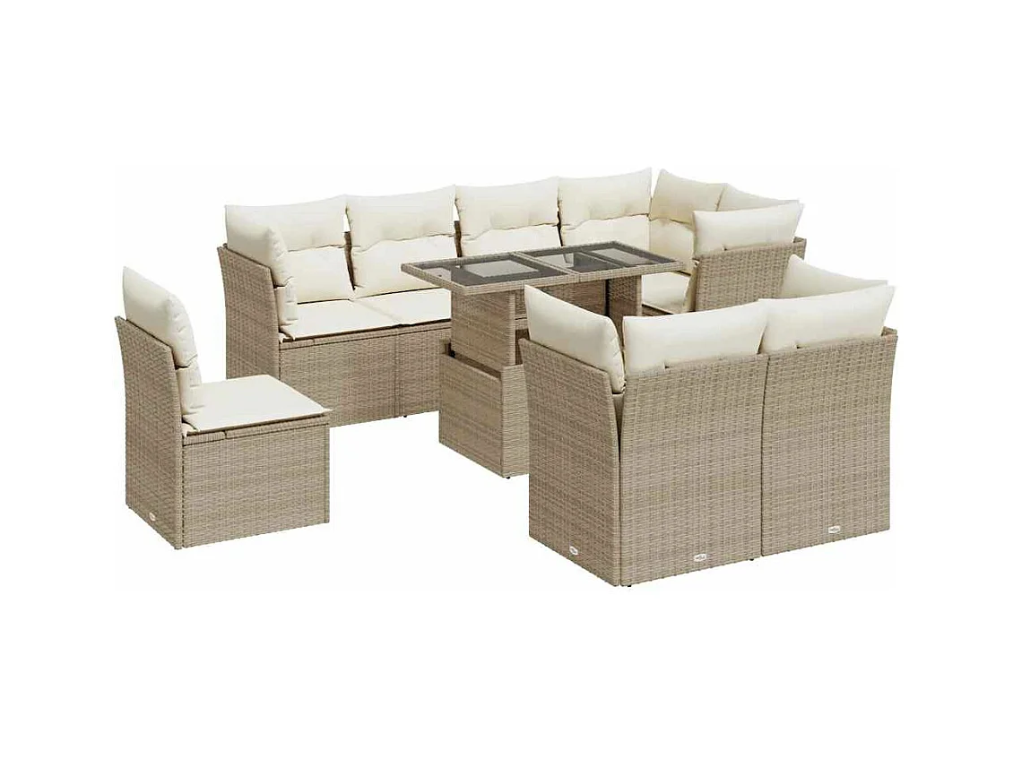 9-tlg. Garten-Sofagarnitur mit Kissen Beige Poly Rattan