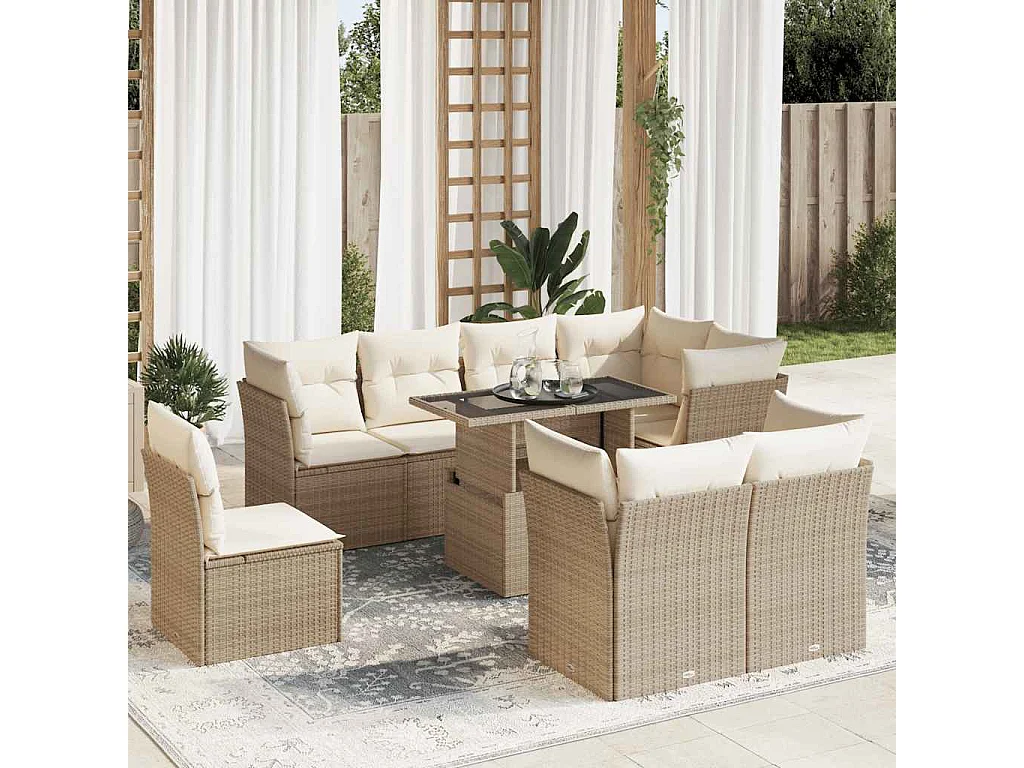 9-tlg. Garten-Sofagarnitur mit Kissen Beige Poly Rattan
