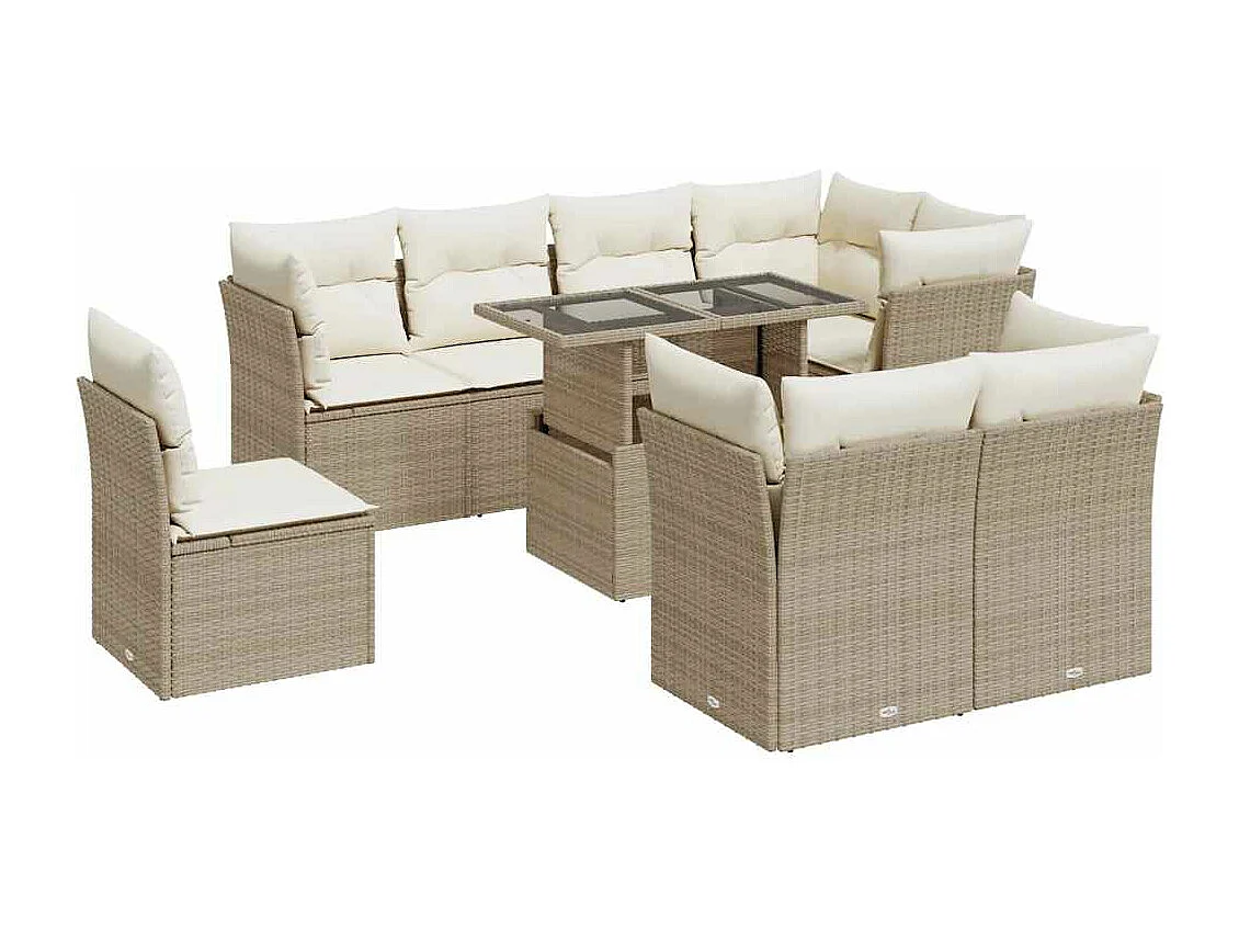 9-tlg. Garten-Sofagarnitur mit Kissen Beige Poly Rattan